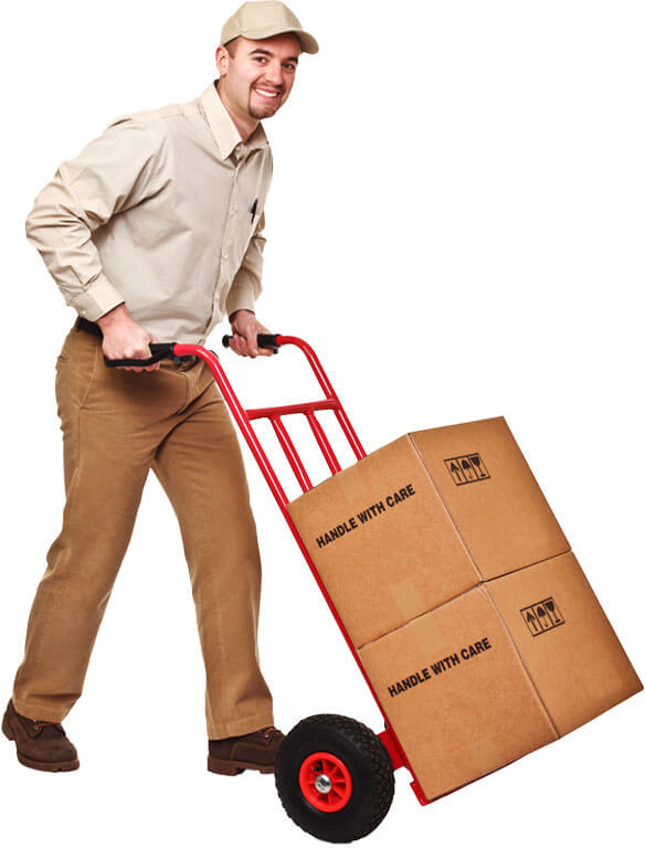 photo of a mover carrying boxes with a moving cart