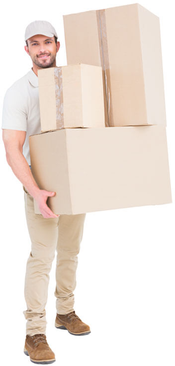 photo of a mover carrying three boxes