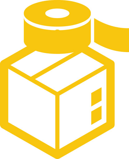 yellow illustration of a box and a roll of sticky tape